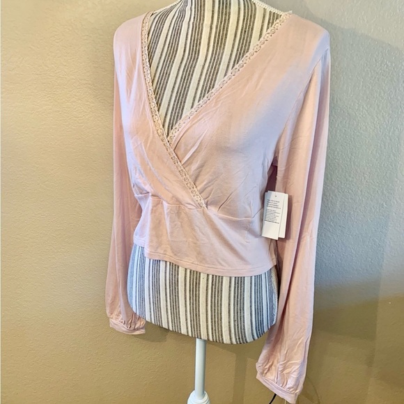 NWT Crop Top XL BP Wrap Front Lace Trim Pink Smoke Boho Long Balloon Sleeves - Picture 6 of 13